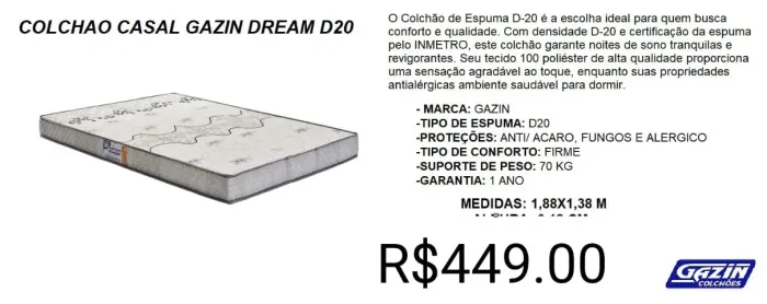 COLCHÃO CASAL D20 A PRONTA-ENTREGA