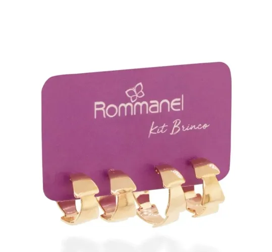 527391 Kit brincos Rommanel folheados a ouro meia argolas de triângulos