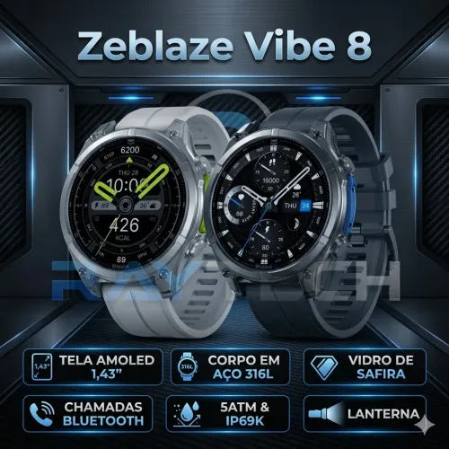  Vibe 8 - AMOLED 1,43", Aco 316L, Vidro de Safira, Chamadas  5ATM/IP69K, Lanterna