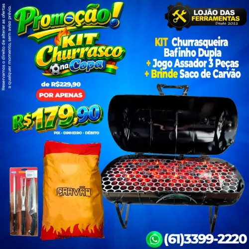 Kit Churrasqueira Bafinho Dupla + Jogo Assador 3 Peças + Brinde Saco de Carvão