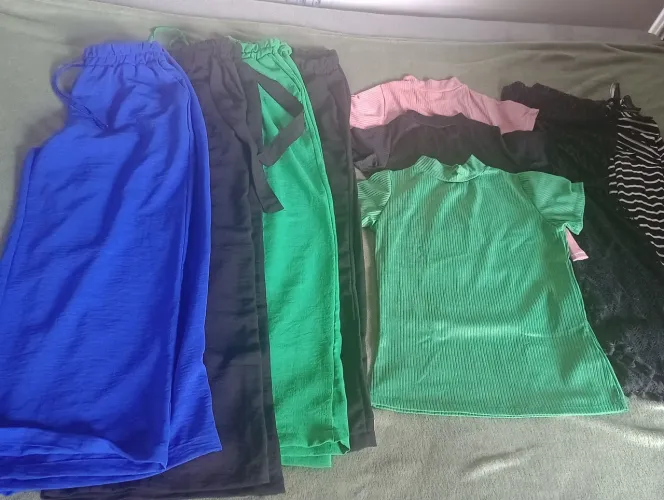 Lote de Calças pantalonas e blusas de gola Tm.P