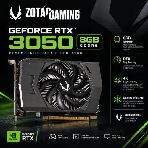 Placa de video Gamer ZOTAC GAMING GeForce RTX 3050 8GB GDDR6 Solo - Impecável!