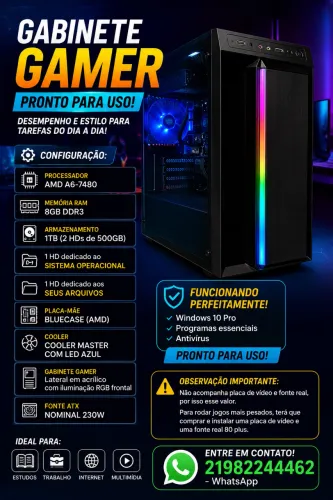 Gabinete Gamer RGB 8GB | 1TB | Windows 10 Pro | Pronto para uso!