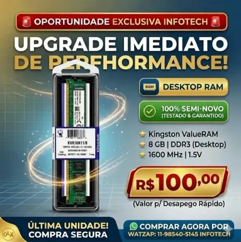 Memória DDR3 Kingston 8gb Pc3 1280 frequência 1600mhz