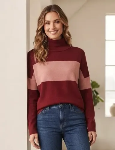 Blusa tricô tam P / M marrom com faixa salmão Cortelle