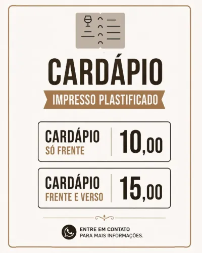 Cardápios impressos e plastificados