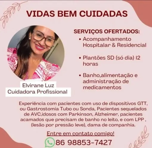 Cuidadora profissional de cuidados com idosos Residêncial ou hospital, contrato fixo etc 