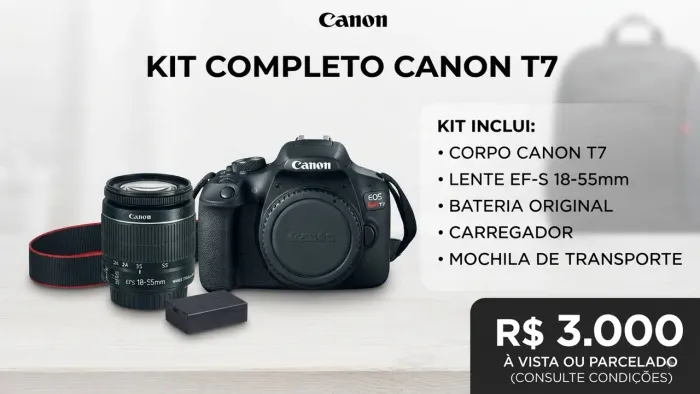 Câmera Canon EOS Rebel T7 + Lente 18-55mm + Acessórios e Mochila (Ótimo Estado)