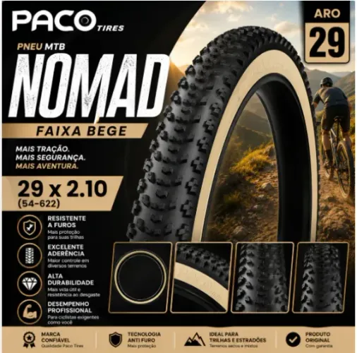 Pneu Paco 29x2.10 MTB Faixa Bege Nomad Anti Furo Bike Aro 29