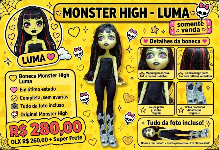 Boneca Luma Monster hing  ela está sem uma mão a mão que está nela e pintada da Frankie 