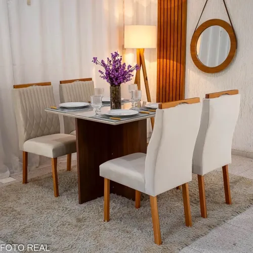 Mesa de Jantar 90×90 Tampo Vidro Off 4 Cadeiras Madeira Maciça - Entregue Montada