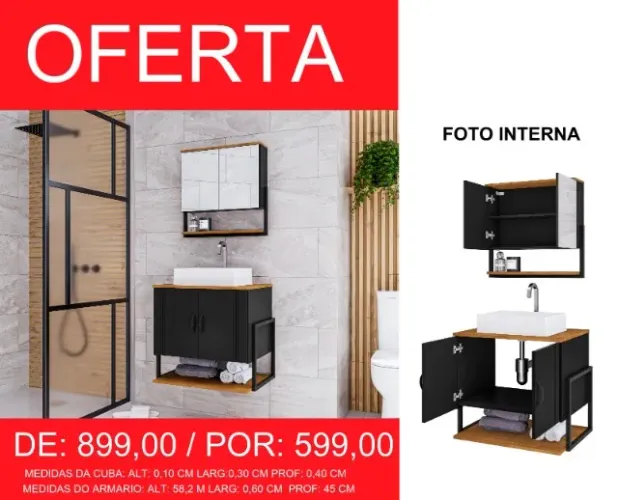Gabinete e espelheira com cuba para banheiro - Entrega e Montagem Gratis 