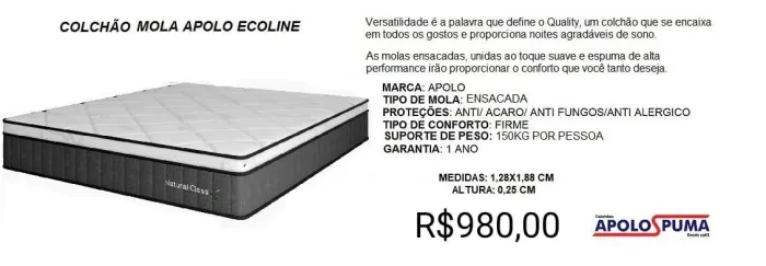 COLCHÃO APOLO ESPUMAS MOLAS ENSACADAS 25CM ALTURA 