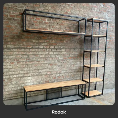 Rack e prateleiras estilo  industrial em aço e madeira