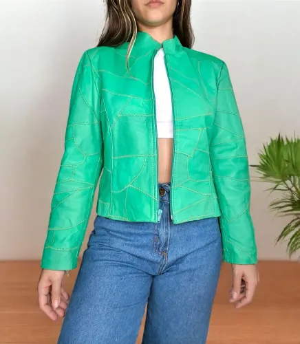 Jaqueta de couro legítimo patchwork verde copa Brasil Tam P 
