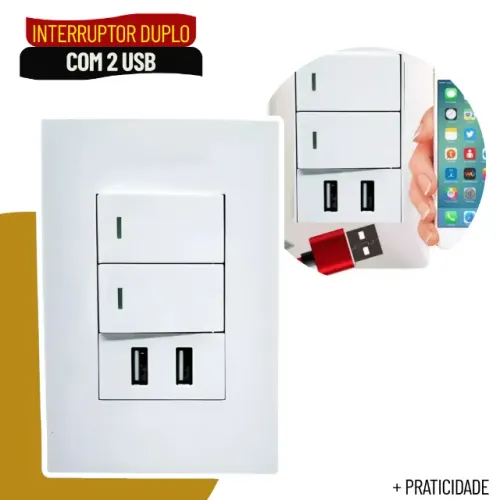 Interruptor Duplo de Parede com 2 Portas USB 5V Carregador Bivolt - SCS71