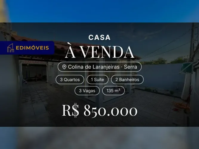 Colina de Laranjeiras: Casa 3 quartos, ampla área nos fundos e garagem para 3 veículos