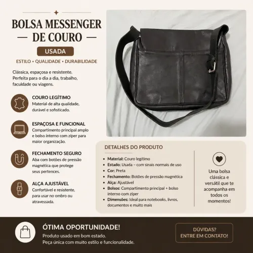 Bolsa Messenger de Couro Usada - Preta | Ótimo Estado
