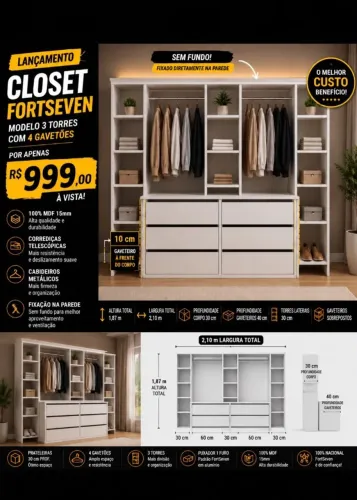 CLOSET CM 6 GAVETAS MDF NOVO/3 TORRE