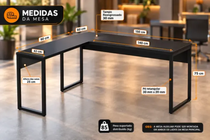 Mesa em L escritorio 150x150 design industrial a Pronta entrega oferta top