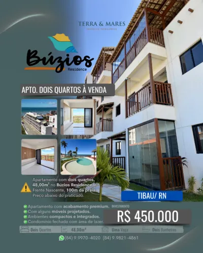 VENDE-SE APARTAMENTO NO RESIDENCIAL BÚZIOS - PRAIA DAS EMANUELAS EM TIBAU/RN