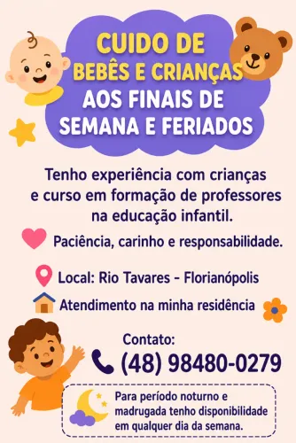 Babá com disponibilidade para finais de semana e períodos noturnos