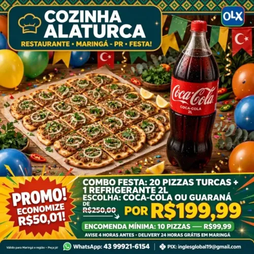 *COMBO FESTA: 20 PIZZAS TURCAS + 1 REFRIGERANTES 2L*   *R$199,90*  *ENCOMENDA MÍNIMA: 10 P