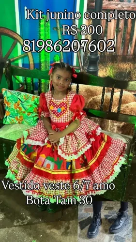 Kit junino infantil, vestido veste entre e bota da marca Molekinha tamanho 30 seminova
