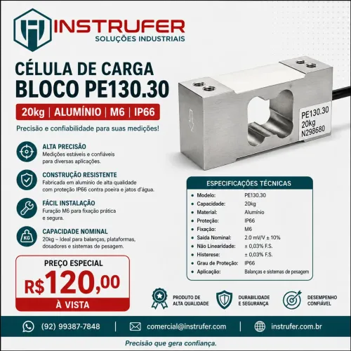 Célula de Carga 20kg PE130.30 Alumínio IP66 M6 - Nova