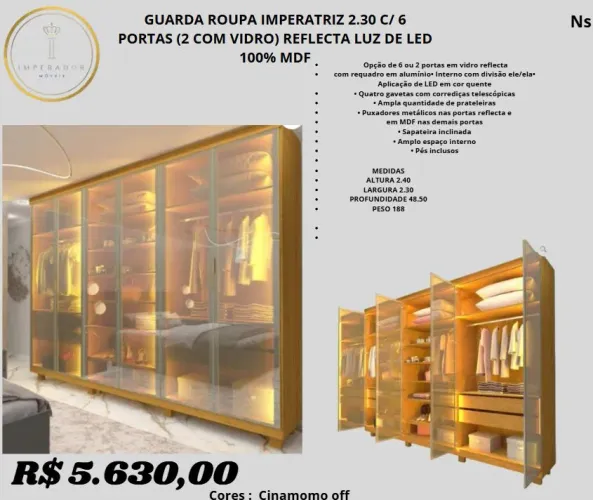 Descubra o Guarda Roupa Imperatriz com 6 portas, design moderno e iluminação LED embutida