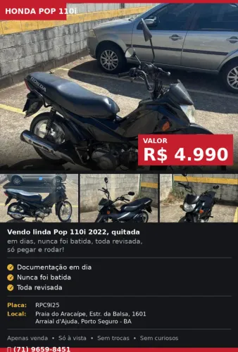 Honda Pop 110i 2022 Quitada - Nunca Batida, Só Pegar e Rodar