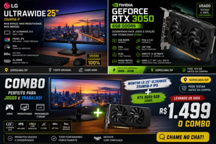 RTX 3050 6GB + LG UltraWide 25" IPS 2560x1080 | COMBO | Sorocaba