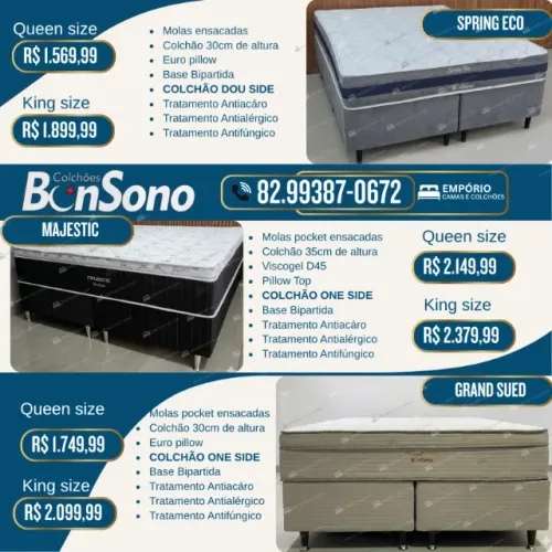 Cama Bonsono solteiro, casal, queen size, king size base baú, colchão molas e espuma