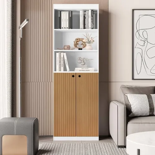 Estante armário organizador mdf 2 portas + prateleiras branco ripado