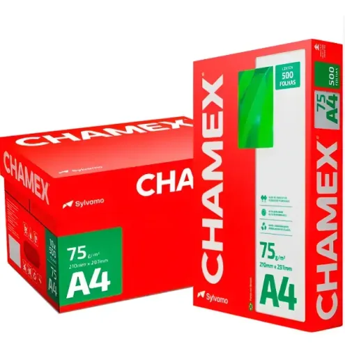 Caixa com 10 resmas papel sulfite Chamex A4 75g 210x297mm cada uma com 500 folhas