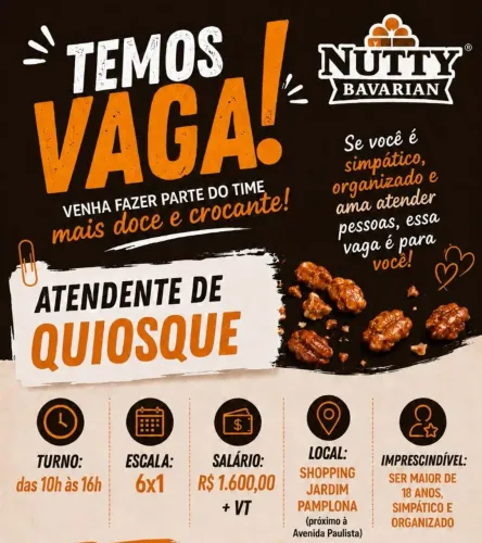 Vaga de Atendente de Quiosque - Nutty Bavarian (Shopping Jardim Pamplona)