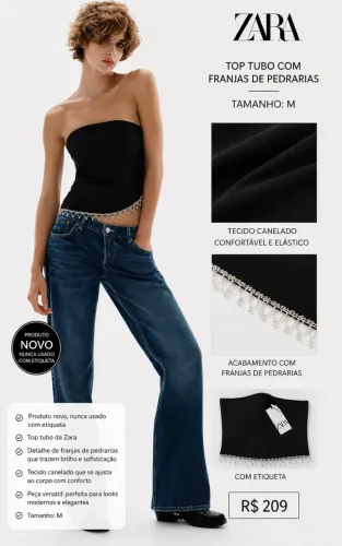 Top preto tomara que caia plissado com franja de pedraria zara zara