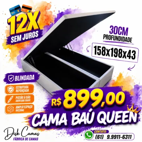 Cama Baú Queen com Grande Espaço Interno 158x198 por apenas R$899,00