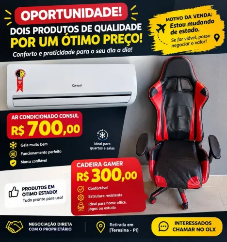 Oportunidade! Ar-condicionado Consul + Cadeira Gamer mudando de Estado
