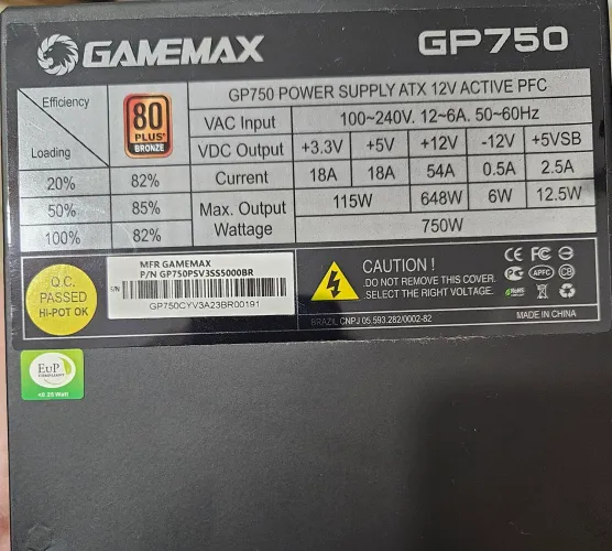 Fonte Gamemax GP750, 750W, 80 Plus Bronze, PFC Ativo
