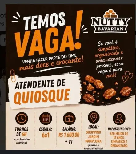 Vaga de Atendente de Quiosque - Nutty Bavarian (Shopping Jardim Pamplona)