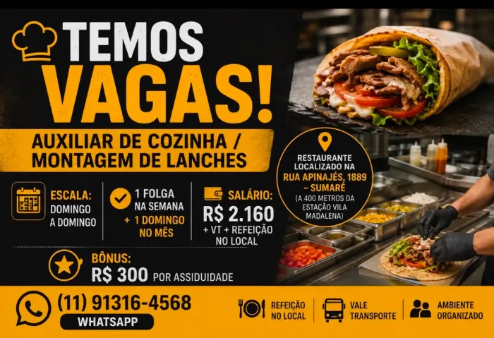 Vaga De Emprego Trabalho, Auxiliar de Cozinha