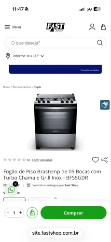 FOGÃO BRASTEMP 5 Bocas novinho- 1 ano- pouquíssimo uso. VENDA URGENTE.