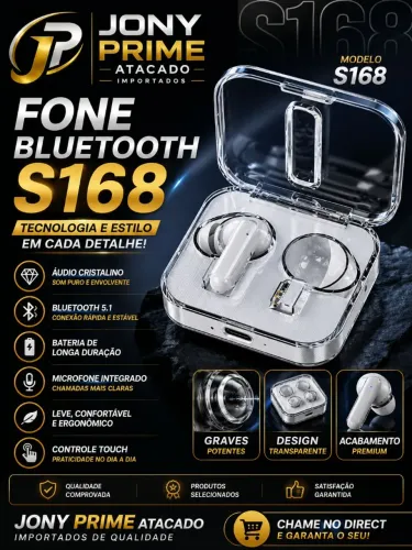 Fone Bluetooth S168 Transparente - Áudio Premium