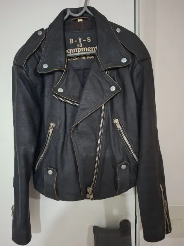 Jaqueta vintage biker em couro legítimo b-y-s 53 equipment tamanho G
