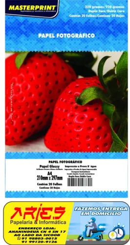 PAPEL FOTO GLOSSY DUPLA FACE A4 220G 20 FOLHAS MASTERPRINT