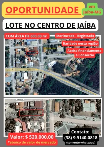 OPORTUNIDADE - LOTE NO CENTRO DE JAÍBA - 600 m² - escriturado