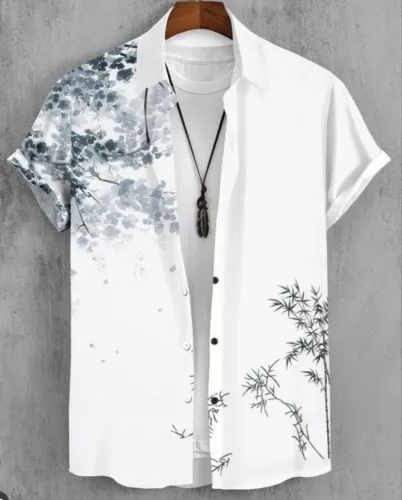 Camisa de manga curta masculina com estampa floral de verão 2024.