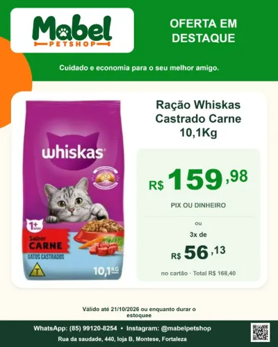 OFERTA! Ração Whiskas Gatos Castrados Carne 10,1kg - R$ 159,98