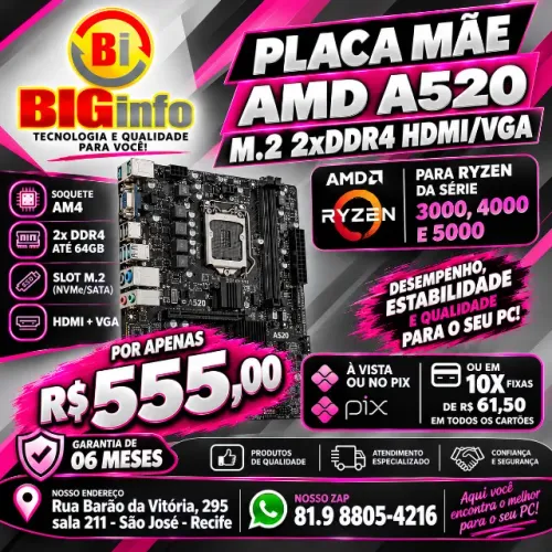 Placa-Mãe A520, AMD AM4, mATX, DDR4, DVI-D, HDMI, M.2 - APM-A520G - Em ate 10x Fixas